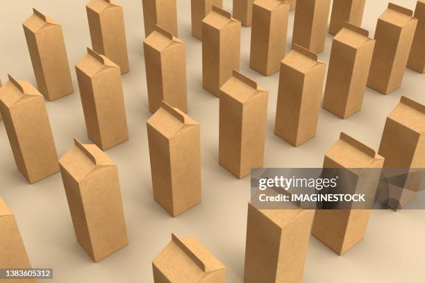 computer generated image of cardboard tetrabrick on light yellow background. 3d rendering. cardboard tetabrick pattern - cartón de bebida fotografías e imágenes de stock