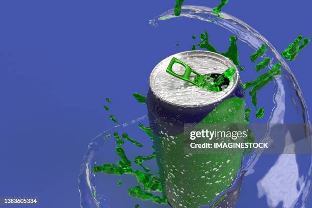 computer generated image of soda can opening, liquid coming out from inside, 3d rendering - soda bottle imagens e fotografias de stock