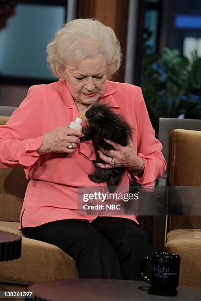 Episode 3826 -- Pictured: Actress Betty White feeds a baby porcupine during an interview on May 12, 2010