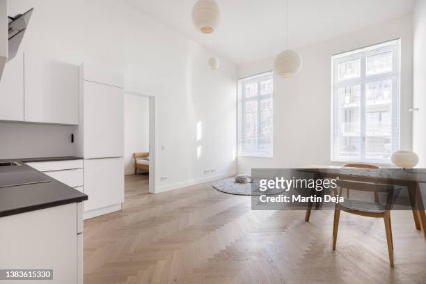 empty room with kitchen hdr - bright room stock pictures, royalty-free photos & images
