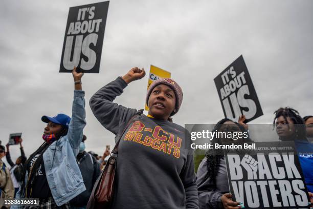 Marchers chant during the Black Voters Matter's 57th Selma to Montgomery march on March 09, 2022 in Selma, Alabama. People gathered alongside...