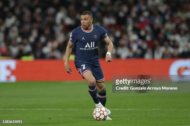 Kylian Mbappe of Paris Saint-Germain <ct during the UEFA Champions League Round Of Sixteen Leg Two match between Real Madrid and Paris Saint-Germain...