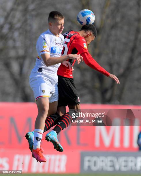 Emil Roback of AC Milan competes for the ball during the Primavera 1 match between AC Milan U19 U19 and Lecce Berretti at Campo Sportivo Vismara on...
