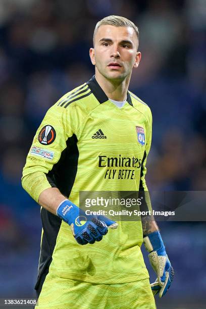 Anthony Lopes of Olympique Lyon looks on during the UEFA Europa League Round of 16 Leg One match between FC Porto and Olympique Lyon at Estadio do...