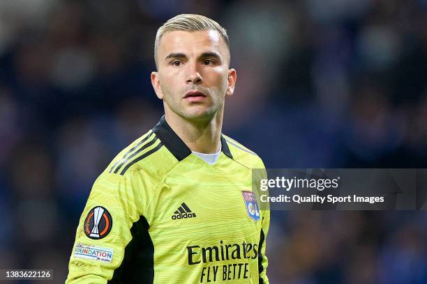 Anthony Lopes of Olympique Lyon looks on during the UEFA Europa League Round of 16 Leg One match between FC Porto and Olympique Lyon at Estadio do...