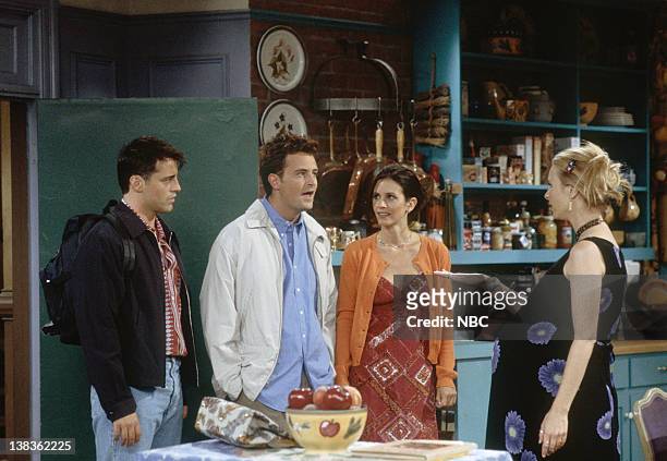 The One After Ross Says Rachel" Episode 1 -- Pictured: Matt LeBlanc as Joey Tribbiani, Courteney Cox as Monica Geller, Matthew Perry as Chandler...