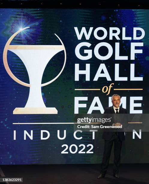 Host David Feherty speaks during the 2022 World Golf Hall of Fame Induction at the PGA TOUR Global Home on March 09, 2022 in Ponte Vedra Beach,...