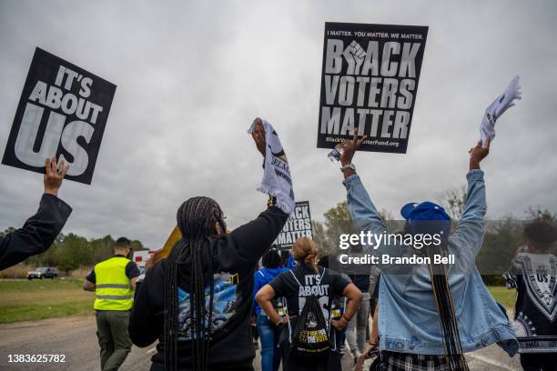 Marchers lead chants during the Black Voters Matter's 57th Selma to Montgomery march on March 09, 2022 in Selma, Alabama. People gathered alongside...