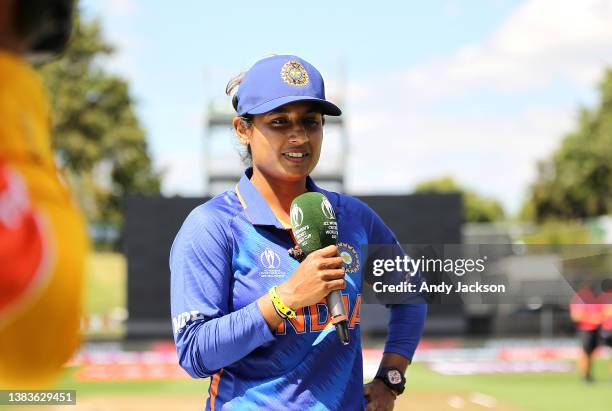 Captain Mithali Raj of India during the 2022 ICC Women's Cricket World Cup match between New Zealand and India at Seddon Park on March 10, 2022 in...