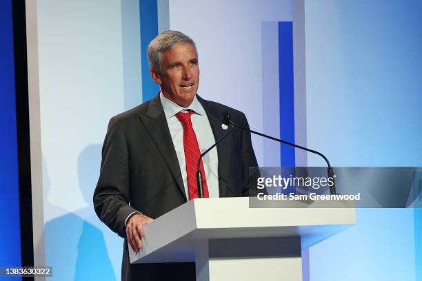 Tour Commissioner Jay Monahan speaks during the 2022 World Golf Hall of Fame Induction at the PGA TOUR Global Home on March 09, 2022 in Ponte Vedra...