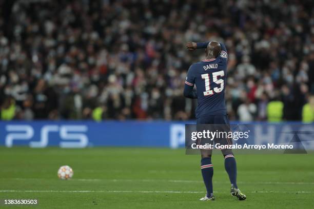 Danilo Pereira of Paris Saint-Germain reacts during the UEFA Champions League Round Of Sixteen Leg Two match between Real Madrid and Paris...