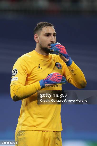 Goalkeeper Gianluigi Donnarumma of Paris Saint-Germain reacts during the UEFA Champions League Round Of Sixteen Leg Two match between Real Madrid and...