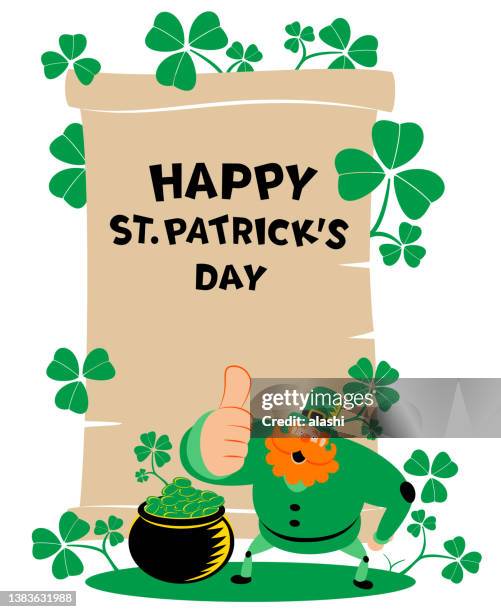 the mysterious leprechaun is giving a thumbs up and looking at a medieval paper scroll that has a "happy st. patrick's day" handwriting text and a pot of gold - leprechaun stock illustrations