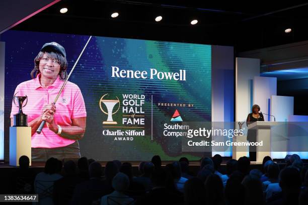 Charlie Sifford Award recipient Renee Powell speaks during the 2022 World Golf Hall of Fame Induction at the PGA TOUR Global Home on March 09, 2022...