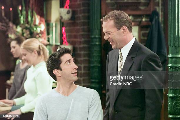 The One Where Ross Meets Elizabeth's Dad" Episode 21 -- Aired 4/27/2000 -- Pictured: David Schwimmer as Ross Geller, Bruce Willis as Paul Stevens