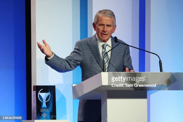Former PGA Tour Commissioner Tim Finchem speaks during the 2022 World Golf Hall of Fame Induction at the PGA TOUR Global Home on March 09, 2022 in...