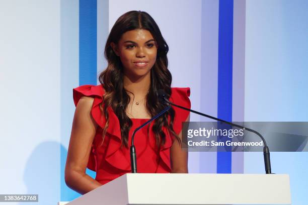 Sam Alexis Woods speaks during the 2022 World Golf Hall of Fame Induction at the PGA TOUR Global Home on March 09, 2022 in Ponte Vedra Beach, Florida.