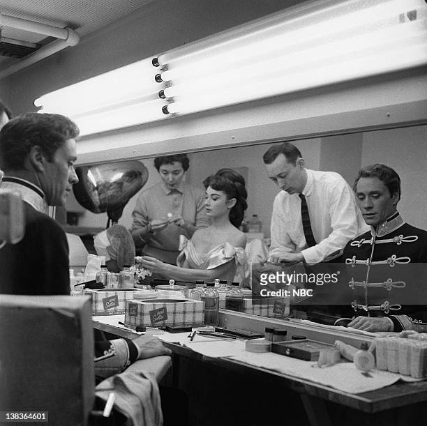 Mayerling" Episode 7 -- Aired -- Pictured: Audrey Hepburn as Marie Vetsera, NBC make-up director Dick Smith, Mel Ferrer as Crown Prince Rudolph