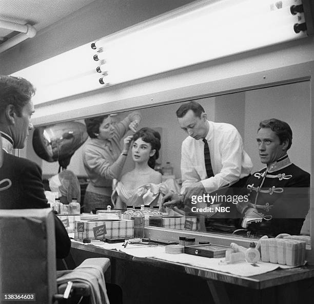 Mayerling" Episode 7 -- Aired -- Pictured: Audrey Hepburn as Marie Vetsera, NBC make-up director Dick Smith, Mel Ferrer as Crown Prince Rudolph
