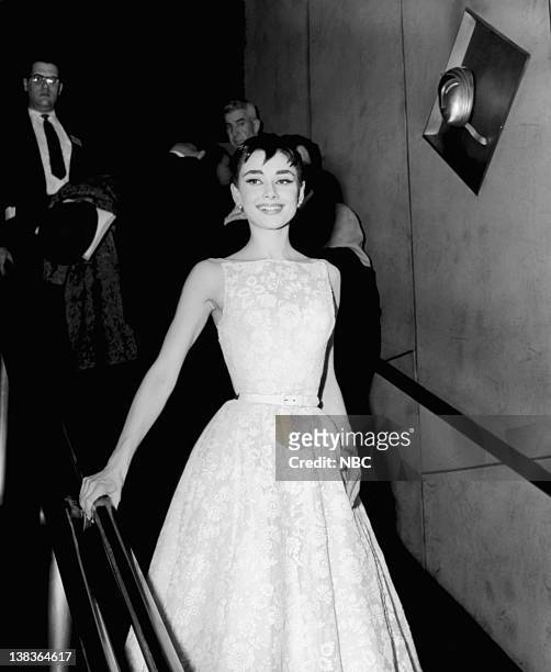 Pictured: Actress Audrey Hepburn, wearing a Givenchy gown, at the 26th Annual Academy Awards at the NBC Century Theatre in New York City, on March...
