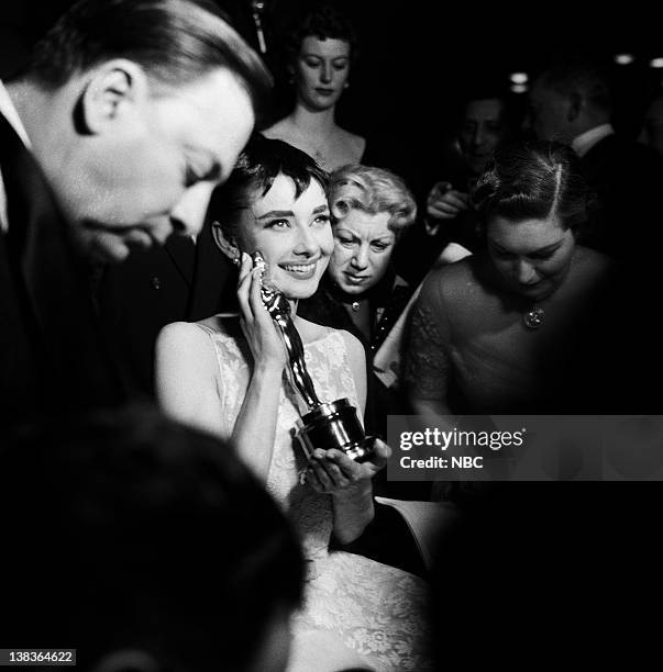 New York Ceremony -- Air Date -- Pictured: Best Actress winner Audrey Hepburn for "Roman Holiday" during the 26th Annual Academy Awards on March 25,...