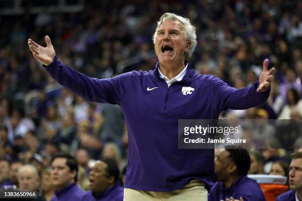 Head coach Bruce Weber of the Kansas State Wildcats reacts after a foul during the first round game of the 2022 Phillips 66 Big 12 Men's Basketball...