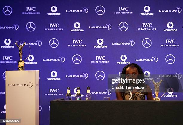 Long distance runner Vivian Cheruiyot talks to the media after winning the Laureus World Sportswoman of the Year award at the 2012 Laureus World...