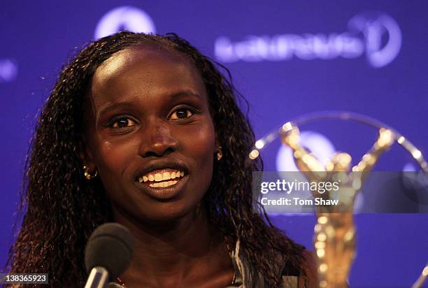 Long distance runner Vivian Cheruiyot talks to the media after winning the Laureus World Sportswoman of the Year award at the 2012 Laureus World...