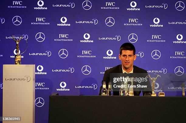 Tennis Player Novak Djokovic talks to the media after winning the Laureus World Sportsman of the Year award at the 2012 Laureus World Sports Awards...