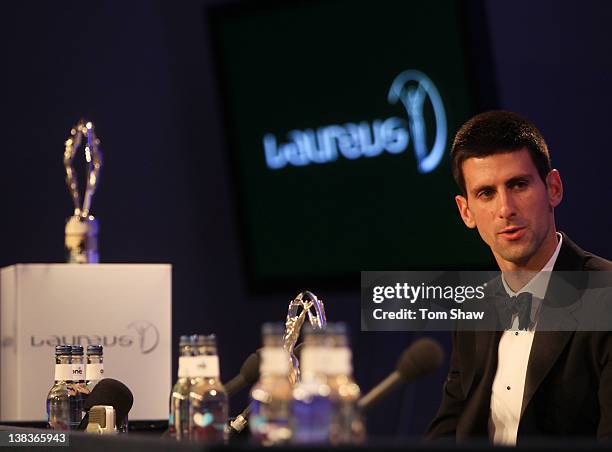 Tennis Player Novak Djokovic talks to the media after winning the Laureus World Sportsman of the Year award at the 2012 Laureus World Sports Awards...