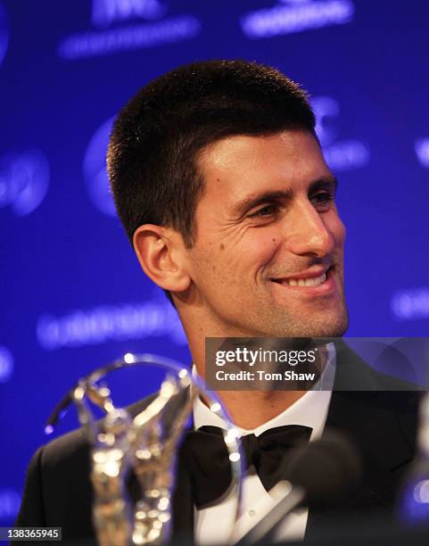 Tennis Player Novak Djokovic talks to the media after winning the Laureus World Sportsman of the Year award at the 2012 Laureus World Sports Awards...