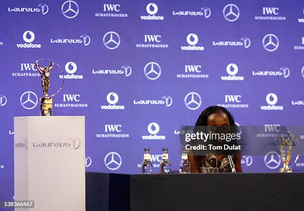 Long distance runner Vivian Cheruiyot talks to the media after winning the Laureus World Sportswoman of the Year award at the 2012 Laureus World...