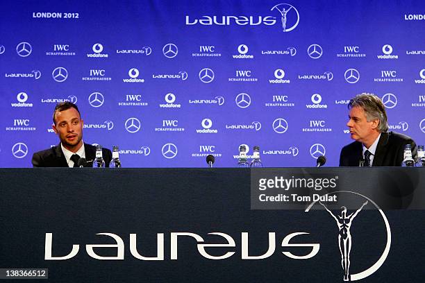 Oscar Pistorius talks to the media after winning the Laureus World Sportsperson of the Year with a Disability award at the 2012 Laureus World Sports...
