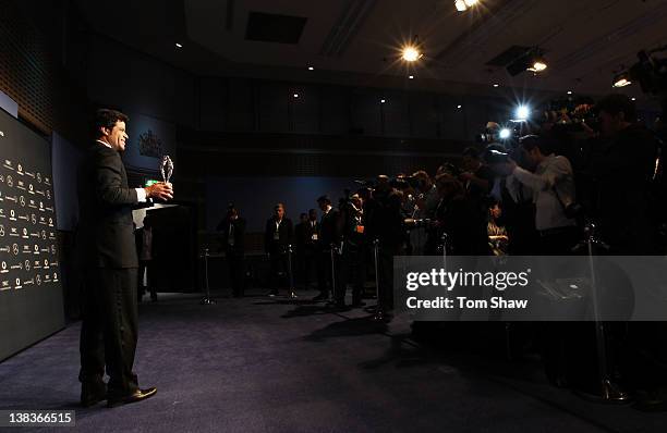 Rai Souza Vieira De Oliveira poses with his Laureus Sport For Good trophy in the press room at the 2012 Laureus World Sports Awards at Queen...