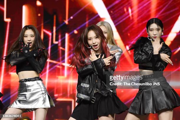 Yunkyoung, Juri, Suyun of Rocket Punch perform during the release showcase of Rocket Punch's 4th Mini Album 'YELLOW PUNCH' at Yes24 Live Hall on...