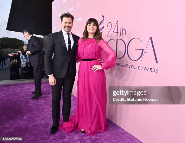 Co-hosts Andrew Rannells and Casey Wilson attend the 24th Costume Designers Guild Awards at The Eli and Edythe Broad Stage on March 09, 2022 in Santa...