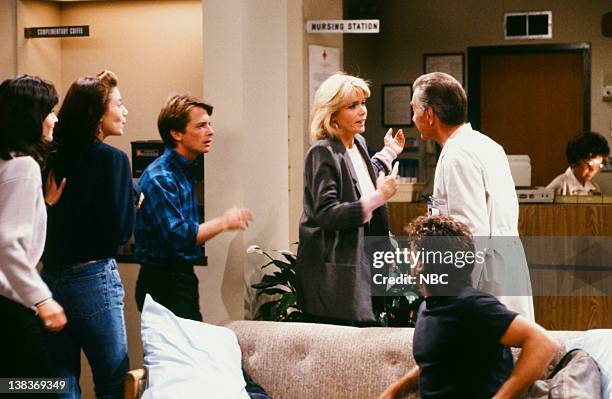 Heartstrings: Part 3" Episode 7 -- Pictured: Back: Courteney Cox as Lauren Miller, Justine Bateman as Mallory Keaton, Michael J. Fox as Alex P....