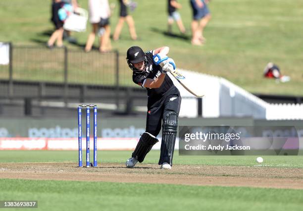 Maddy Green of New Zealand bats during the 2022 ICC Women's Cricket World Cup match between New Zealand and India at Seddon Park on March 10, 2022 in...