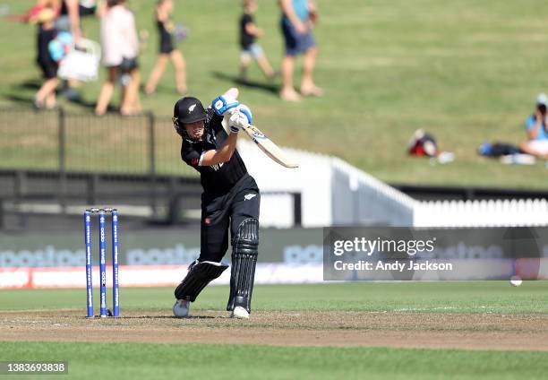 Maddy Green of New Zealand bats during the 2022 ICC Women's Cricket World Cup match between New Zealand and India at Seddon Park on March 10, 2022 in...