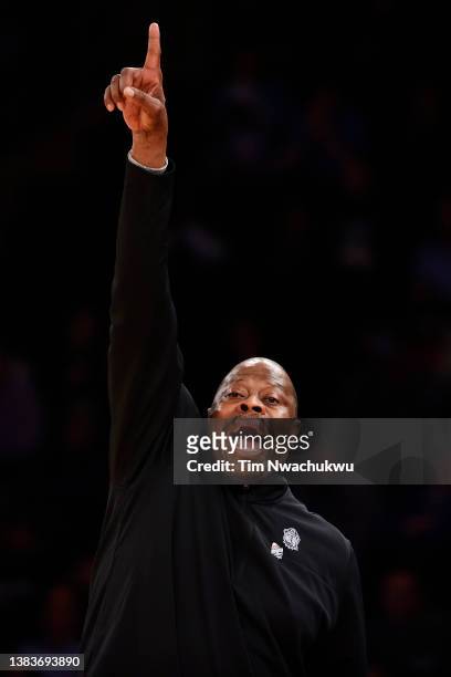 Head coach Patrick Ewing of the Georgetown Hoyas reacts against the Seton Hall Pirates during the first half of the game during the 2022 Big East...