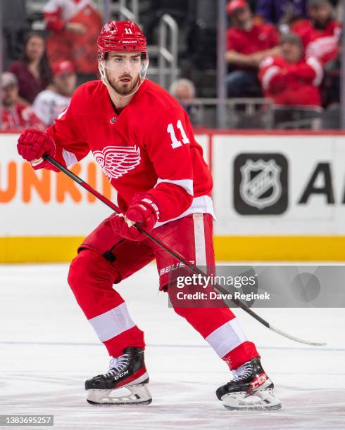 Filip Zadina of the Detroit Red Wings follows the play against the Arizona Coyotes during the third period of an NHL game at Little Caesars Arena on...