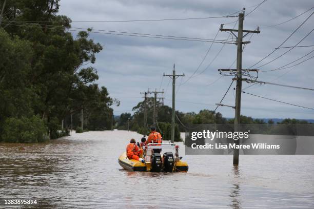 Survey floodwaters along the Hawkesbury River in Windsor on March 09, 2022 in Sydney, Australia. Flood warnings and evacuation orders remain in place...