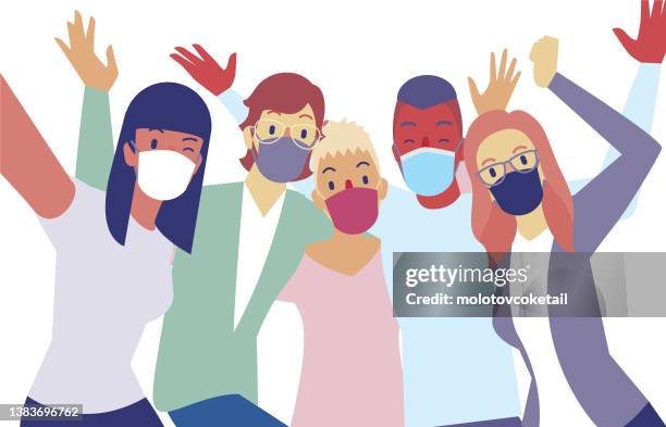 multiracial friends taking selfie in mask - crowd masks stock illustrations