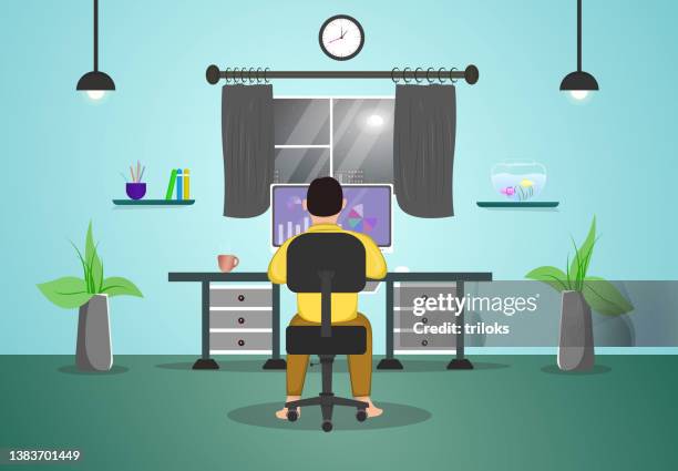 man working on computer at home office - office chair back stock illustrations