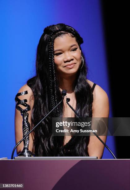 Storm Reid speaks onstage during the 24th Costume Designers Guild Awards at The Eli and Edythe Broad Stage on March 09, 2022 in Santa Monica,...