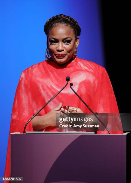 Aunjanue Ellis speaks onstage during the 24th Costume Designers Guild Awards at The Eli and Edythe Broad Stage on March 09, 2022 in Santa Monica,...