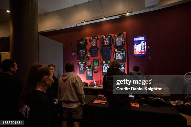 General view of the DragonForce merchandise booth at The Observatory North Park on March 08, 2022 in San Diego, California.