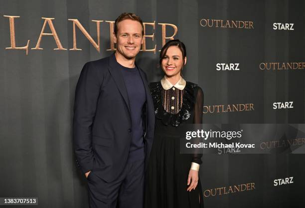 Sam Heughan and Sophie Skelton attend the "Outlander" FYC Screening + Panel at Television Academy's Wolf Theatre at the Saban Media Center on March...