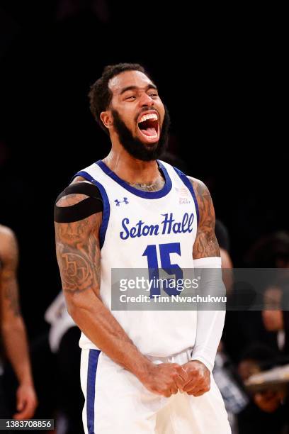 Jamir Harris of the Seton Hall Pirates celebrates after scoring a basket during the second half in the game against the Georgetown Hoyas during the...