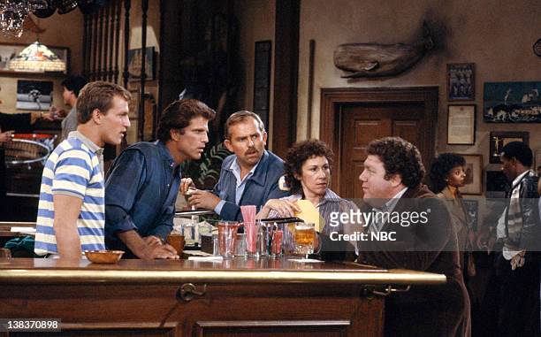 Someday My Prince Will Come" Episode 3 -- Aired 10/17/85 -- Pictured: Woody Harrelson as Woody Boyd, Ted Danson as Sam Malone, John Ratzenberger as...